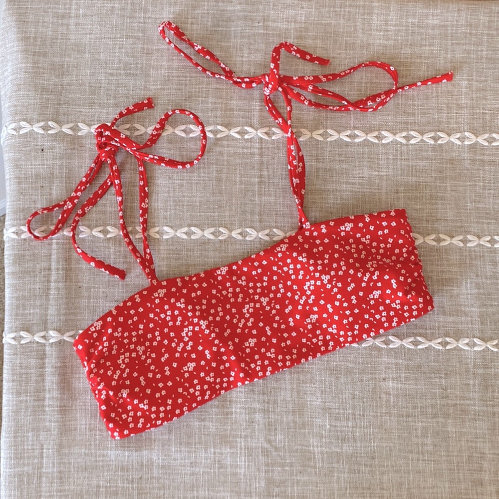 Red and white patterned bikini top
